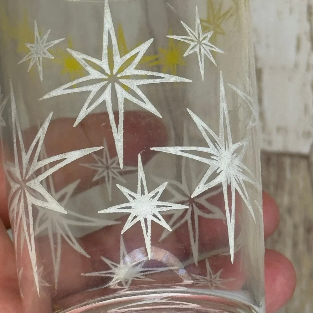 Vintage Hazel Atlas Starburst Glass Tumblers Set of 4 Yellow White Mid Century
